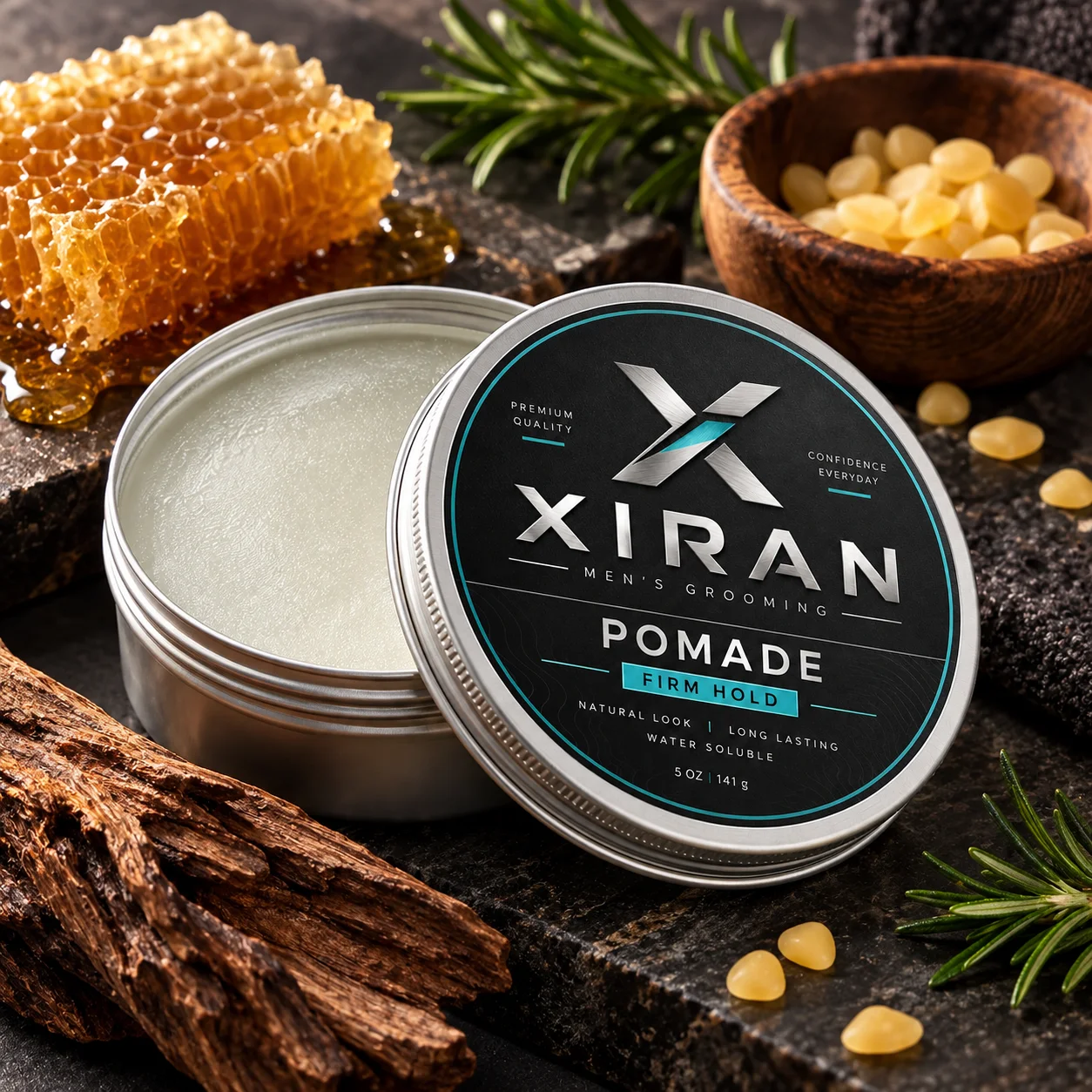 Tin of Xiran men's grooming pomade with firm hold placed on a dark surface, surrounded by natural ingredients like honeycomb, rosemary, and beeswax.